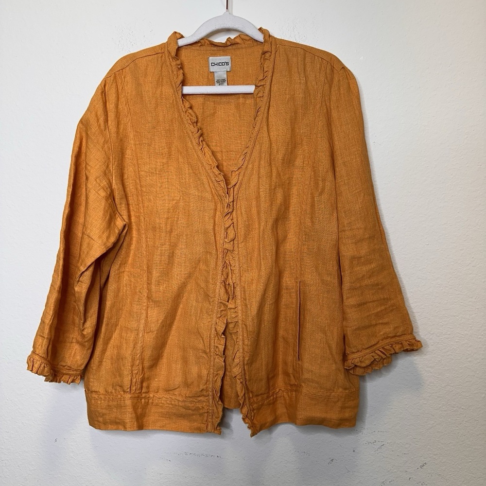 Chicos Orange 100% Linen Ruffle Trim Open Front Jacket Size 2 L Coastal Lagen